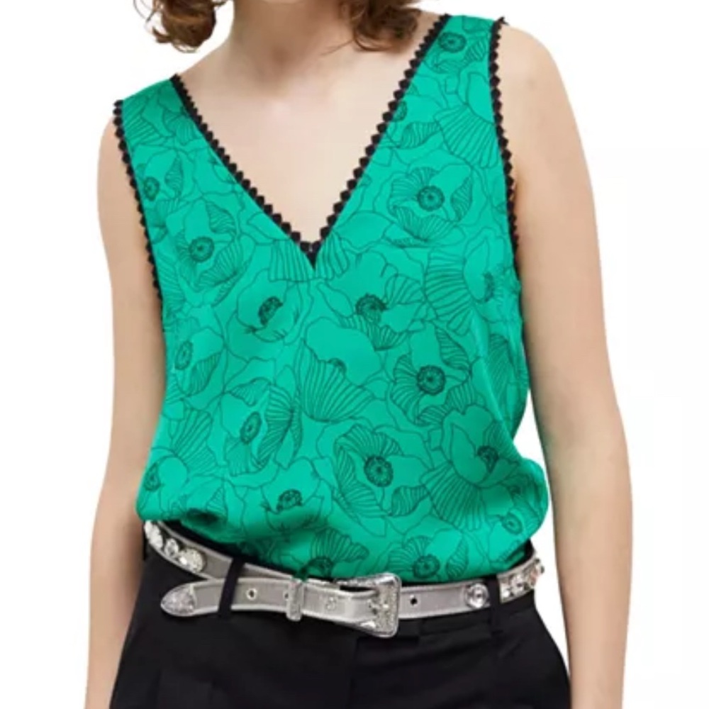 🆕 THE KOOPLES Green & Black Graphic Poppies Cami Top